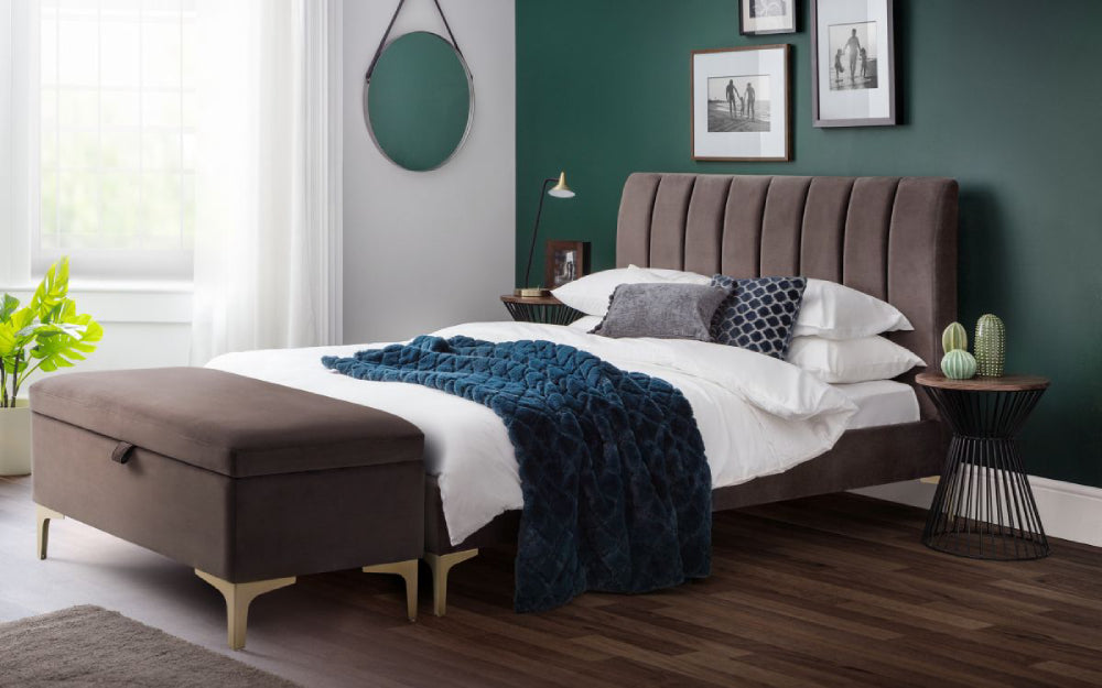 Sola Upholstered Blanket Box with Indoor Plant and Wall Frame in Bedroom Setting