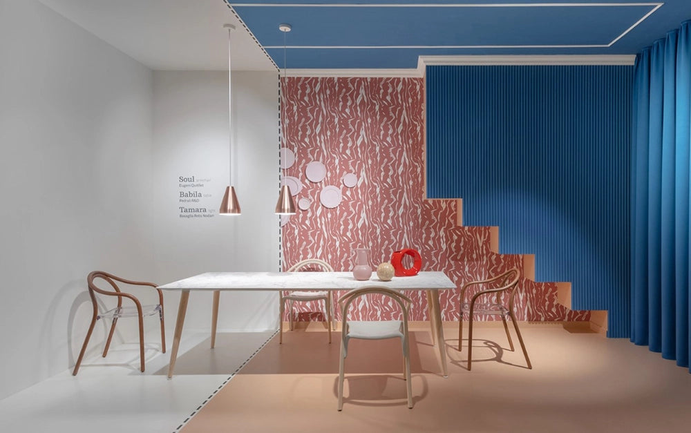 Soul Dining Chair with Armrests in Wooden Finish with Ceiling Lamp in Marble Top Table in Studio Setting