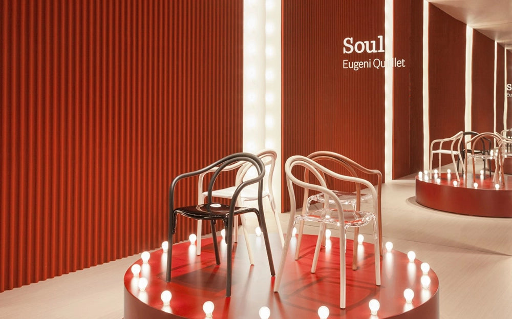 Soul Dining Chair with Armrests in Wooden Finish with Round Table in Studio Setting