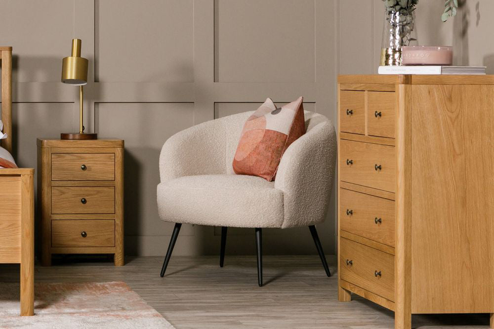 Spencer Accent Chair in Cream Finish with Side Table and Chest Drawer in Bedroom Setting