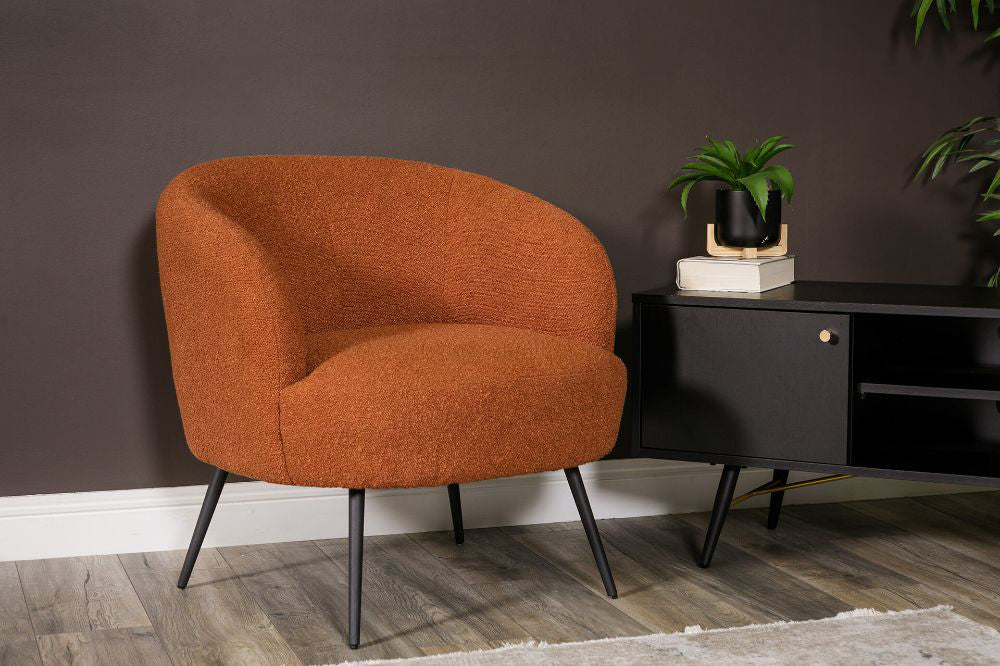 Spencer Accent Chair in Rust Finish with Media TV Storage Unit in Living Room Setting