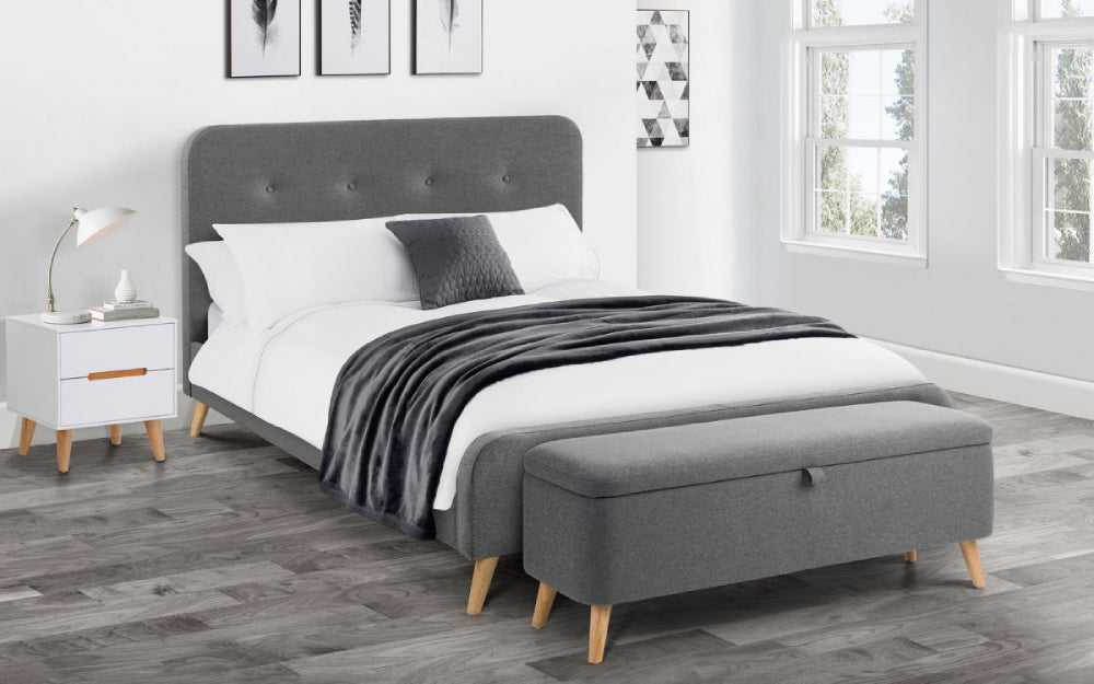 Stellar Upholstered Blanket Box in Grey Finish with Lampshade and Wall Art Bedroom Setting