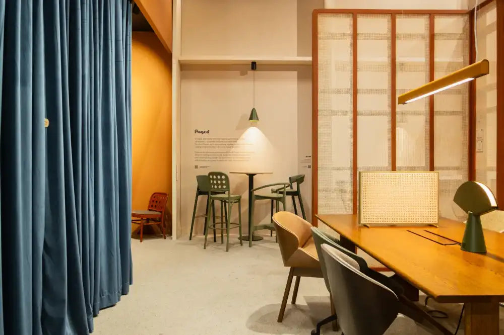 Sund M Wooden Meeting Room Table with Highstool and Desk Screen in Modern Office Setting