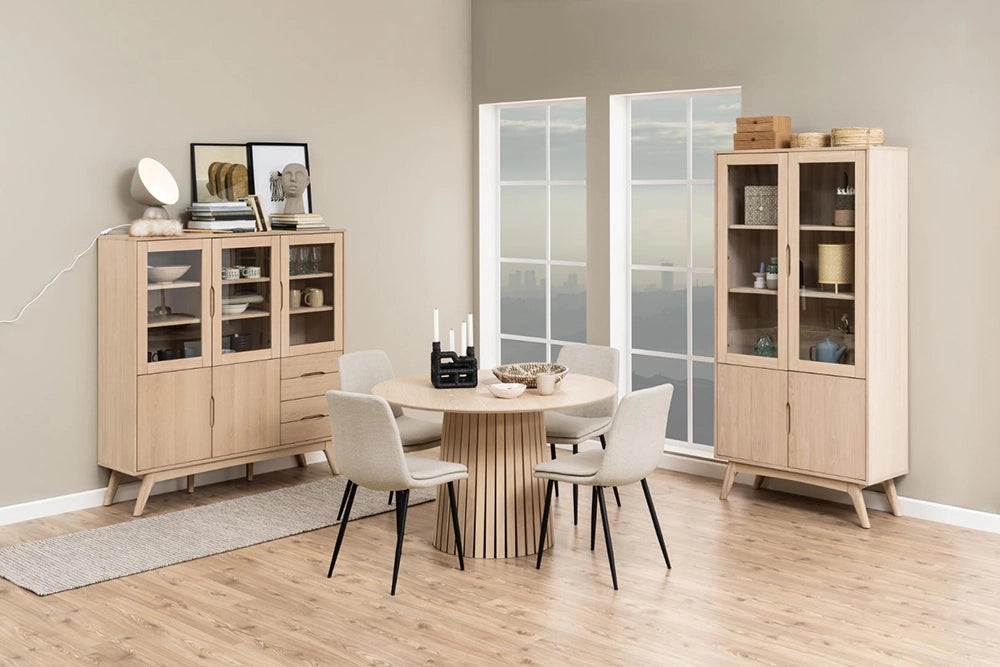 Teddi Dining Chair in Brown Finish with Round Top Table and Wooden Cabinet in Dining Setting
