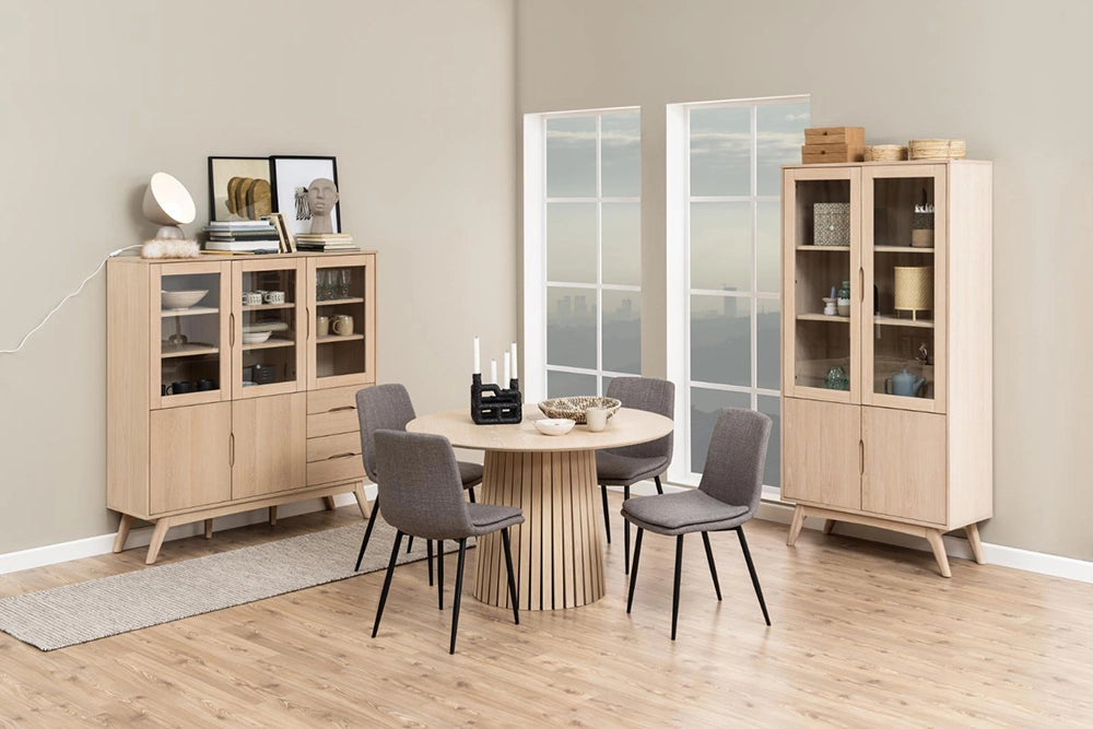 Teddi Dining Chair in Brown Finish with Round Top Table and Wall Frame in Dining Setting