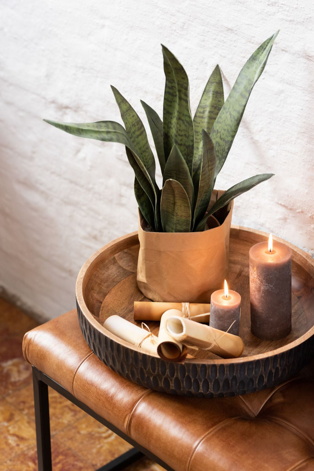 Terracotta Medium Plant Pots Set of 2 with Candle in Living Room Setting