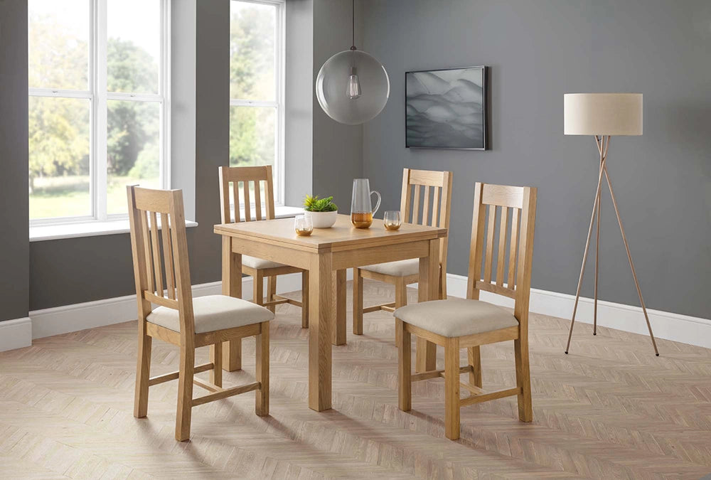 Tori Extending Dining Table in Wooden Finish with Padded Wooden Chair in Breakout Setting 2