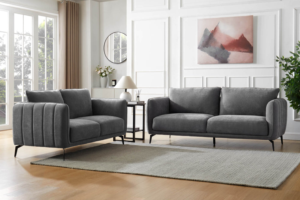Vale 2-Seater Sofa Grey Crib 5 with Indoor Plant and Lampshade in Living Room Setting