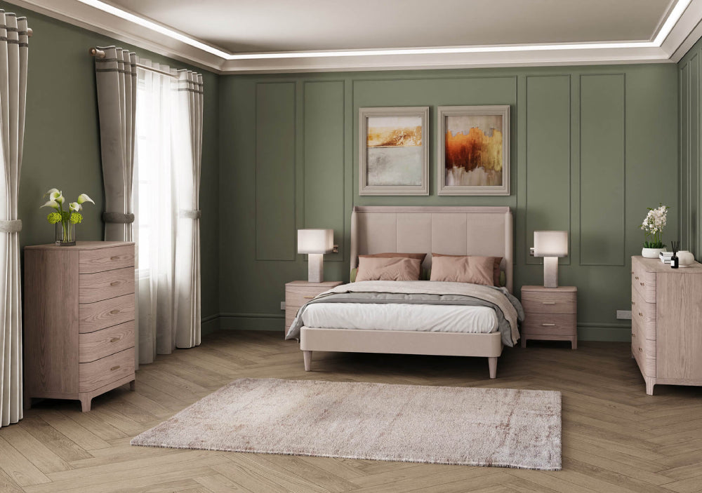 Zavier 2-Drawer Bedside Table in Cream Finish with Bed and Lampshade in Bedroom Setting