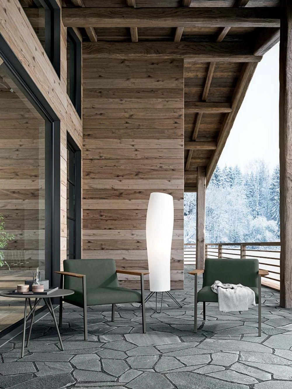 Ado Chair with Wooden Armrests in Green with White Standing Lampand Round Table in Terrace Setting