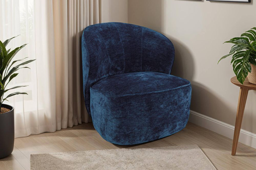 Aera Swivel Accent Chair in Blue Finish with Side Table and Indoor Plant in Living Room Setting