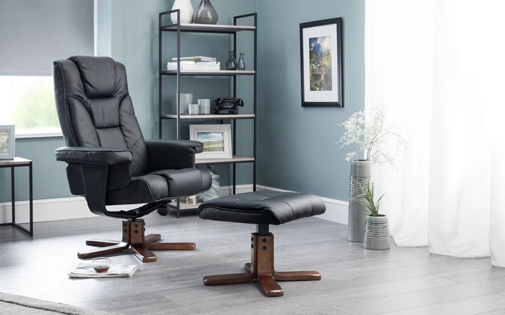 Ally Swivel Massage Recliner with Footstool in Black Finish with Black Frame Shelves in Living Room Setting
