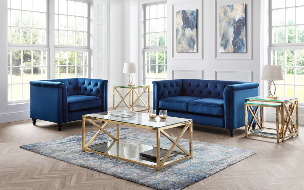 Andre Tufted 2-Seater Chair in Blue Velvet Finish with White Lamp Shade and Glass Top Table in Living Room Setting