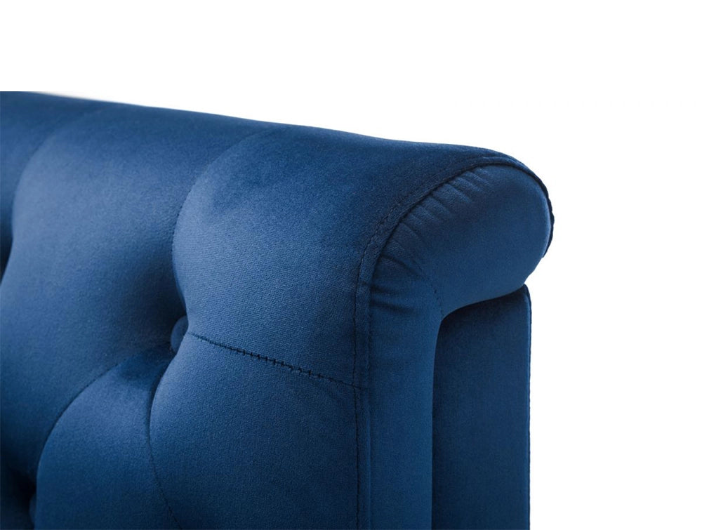 Andre Tufted Chair Blue Velvet with its Armrest Detail