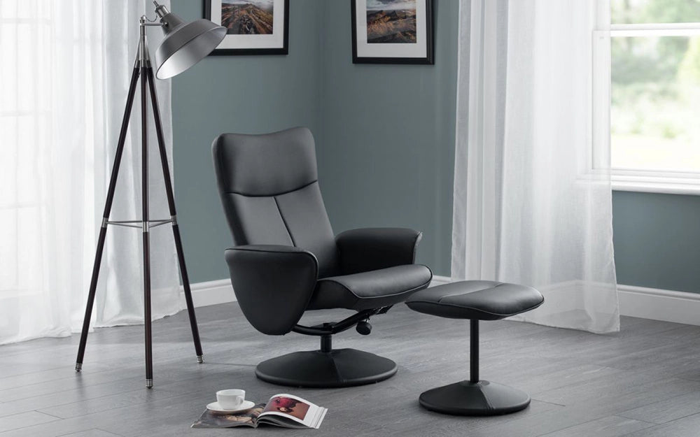 Angelo Reclining Chair with Foot Stool in Black Finish with 3 Leg Standing Lamp in Office Setting
