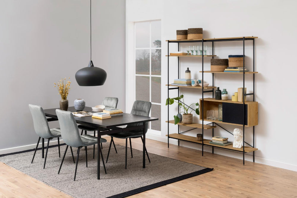 Angie 5 Shelves Bookcase with Table and Chairs in Dining Setting