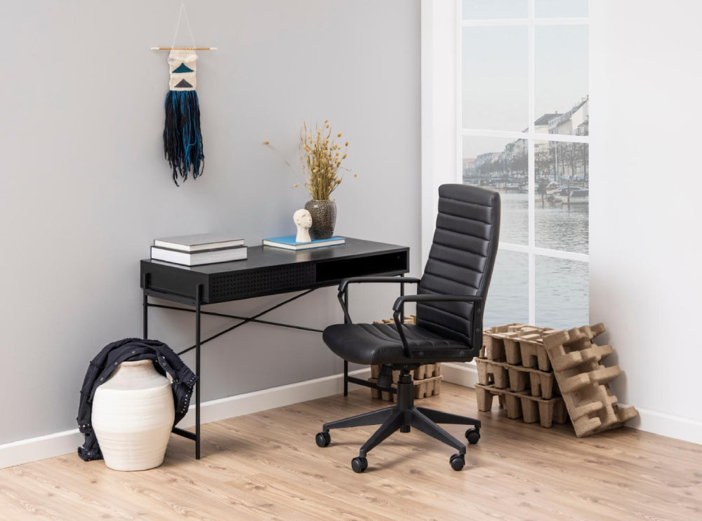 Angie Home Office Desk Black with Executive Seating in Living Room Setting