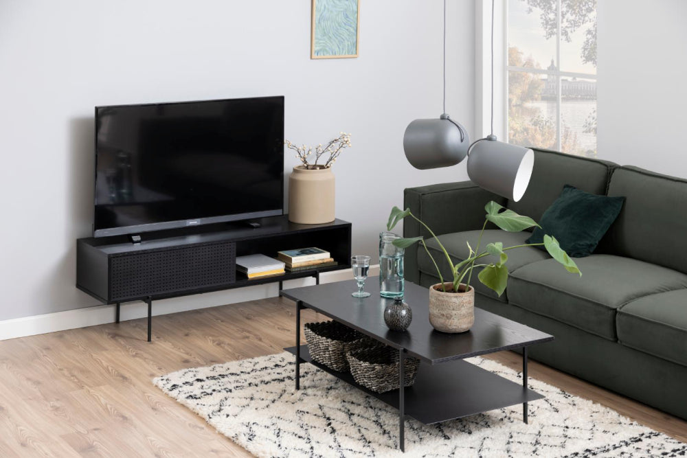 Angie Rectangular Media TV Unit with Coffee Table and Sofa in Living Room Setting
