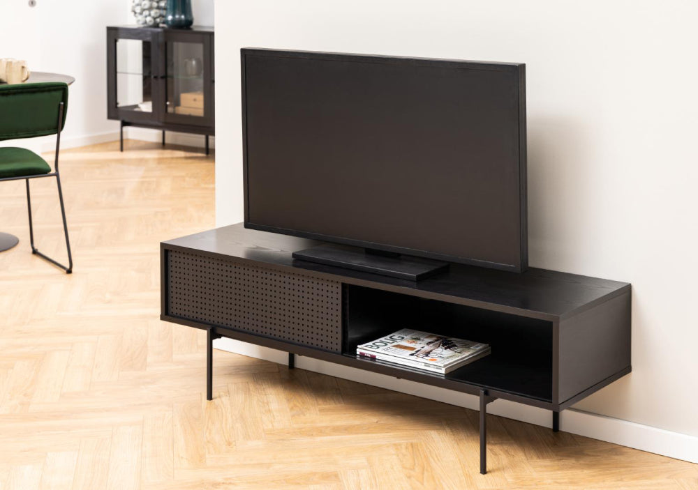 Angie Rectangular Media TV Unit with Dining Chair and Storage Unit in Living Room Setting