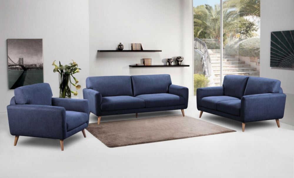 Anna 3 Seater Sofa Navy with Floor Rug and Armchair in Living Room Setting