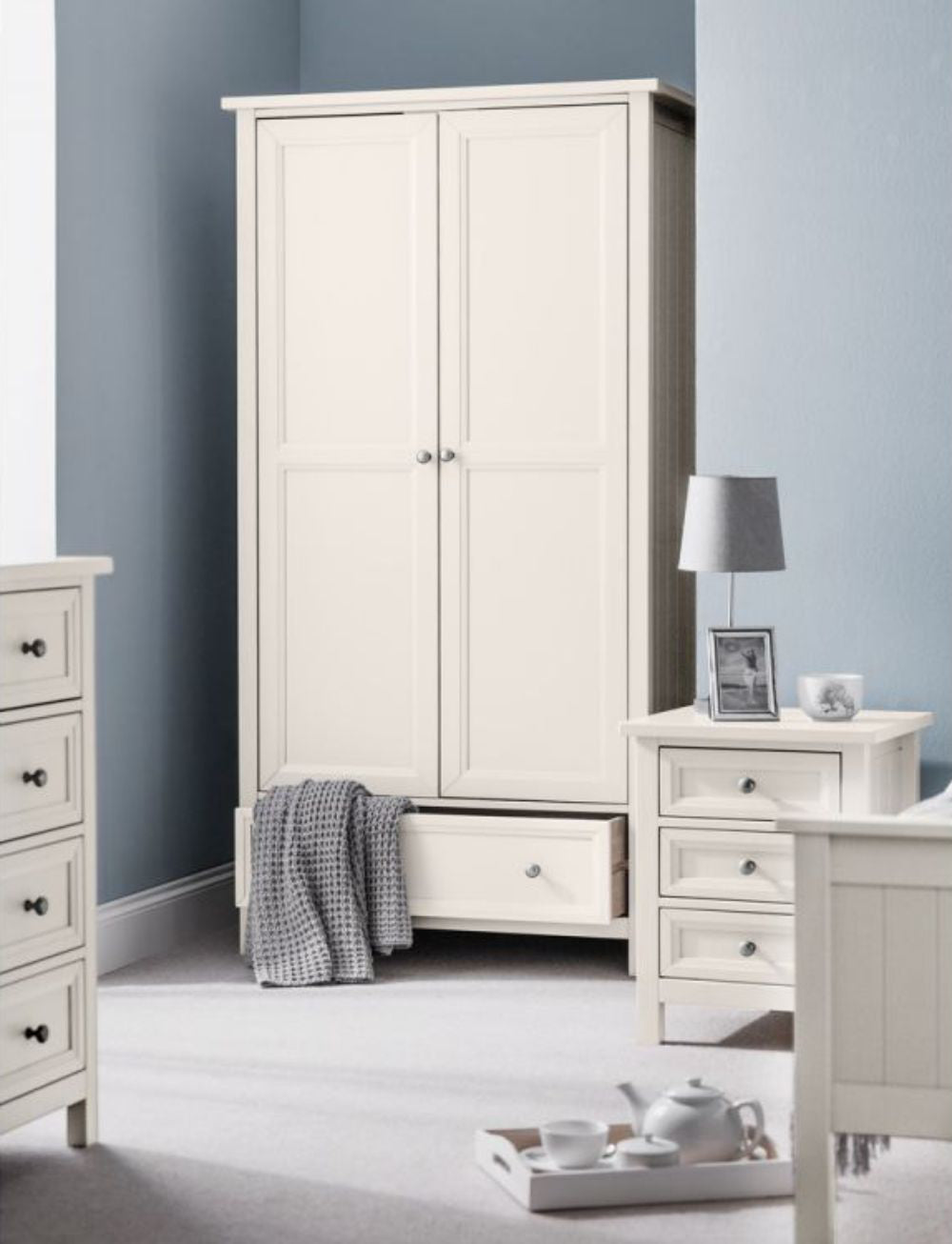 Anne 2 Door Combination Wardrobe Surf White with Lampshade in Bedroom Setting