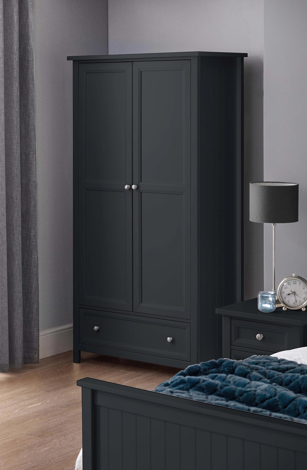 Anne 2 Door Combination Wardrobe in Anthracite Finish with Black Lampshade in Bedroom Setting