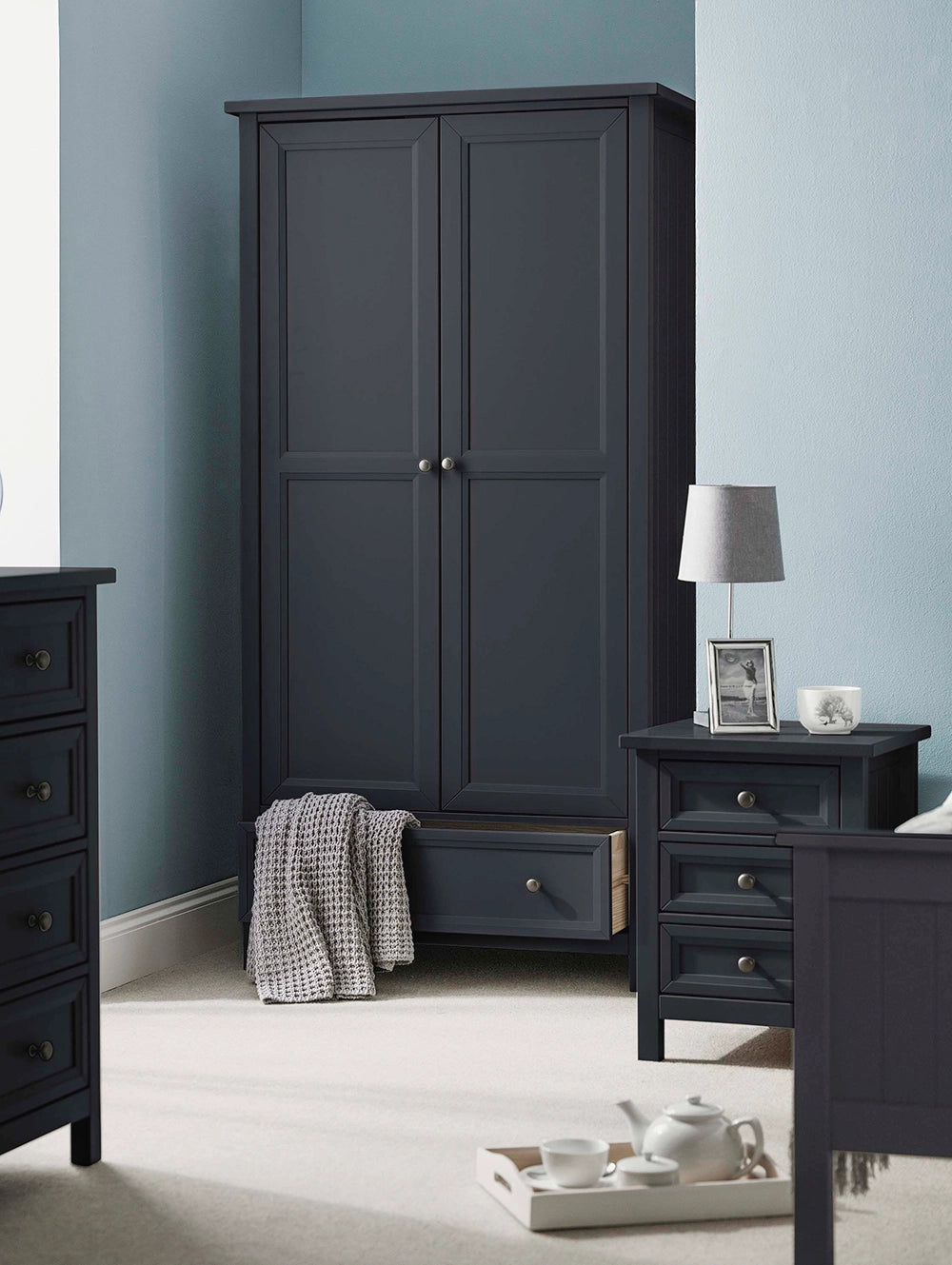 Anne 2 Door Combination Wardrobe in Anthracite Finish with Grey Lampshade in Bedroom Setting