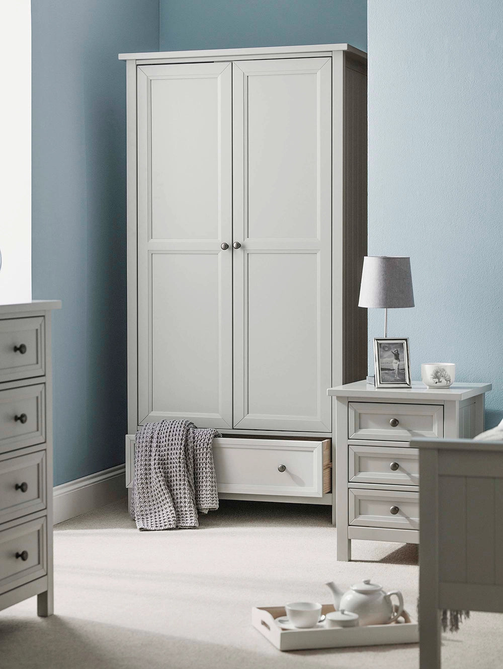 Anne 2 Door Combination Wardrobe in Dove Grey Finish with Grey Lampshade in Bedroom Setting