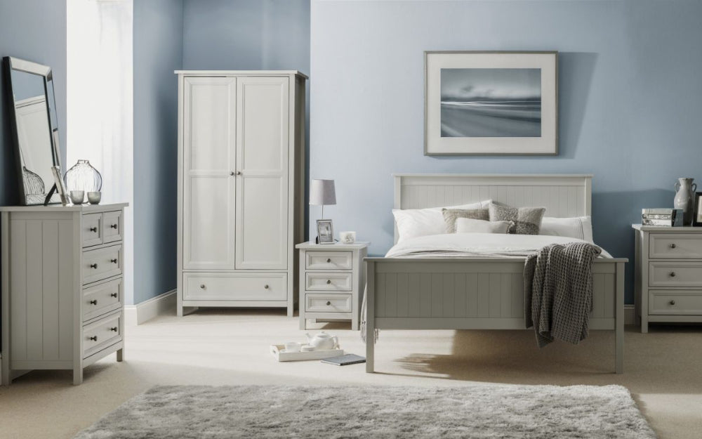 Annie 3 Drawer Bedside Table in Dove Grey Finish with Wardrobe and Lampshade in Bedroom Setting