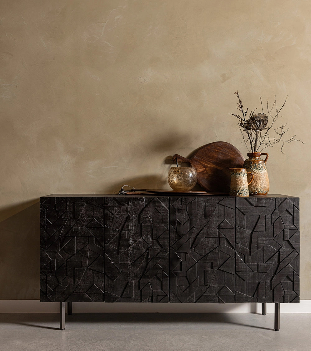 Atlantic Sideboard with Metal Legs in Black Finish with Dried Plant and Antique Vase in Living Room Setting