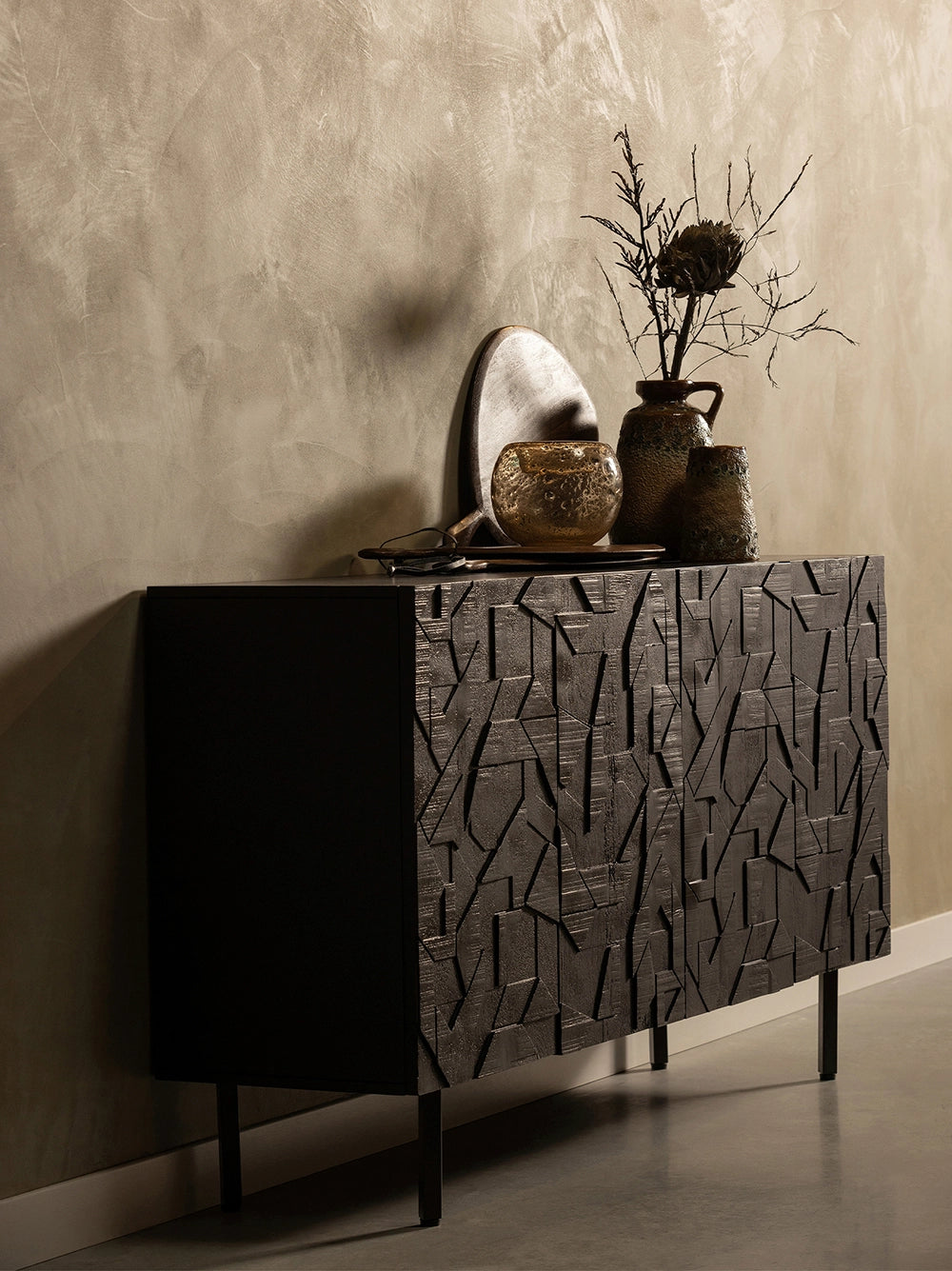 Atlantic Sideboard with Metal Legs in Black Finish with Dried Plant and Vase in Living Room Setting 2