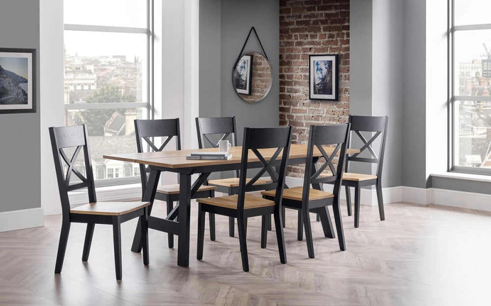 Ava Dining Table in Black Oak Finish with Six Wooden Chairs and Round Mirror in Breakout Setting