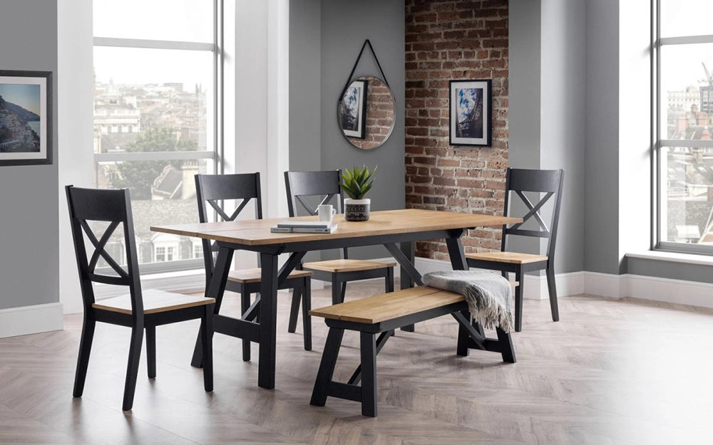 Ava Dining Table in Black Oak Finish with Wooden Chairs and Bench in Breakout Setting