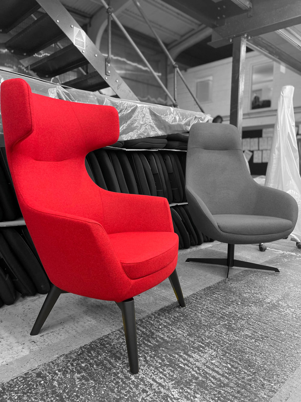 Ava Upholstered Lounge Chair with 4 Wooden Legs in Red Finish with Grey Lounge Chair