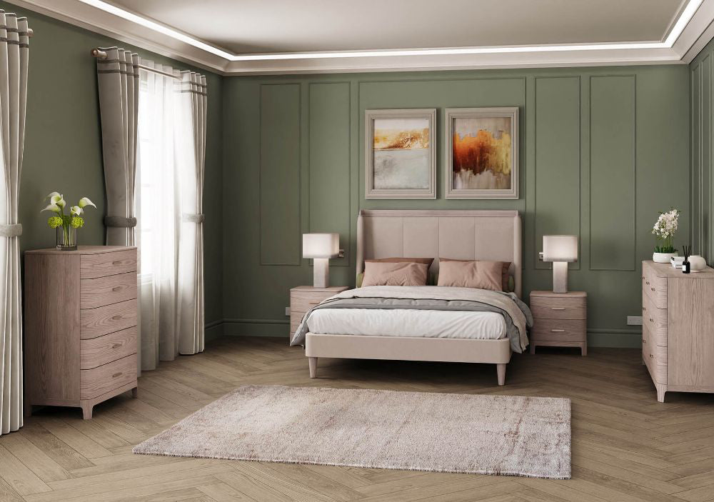 Azalea Bed Frame in Cream Finish with Lampshade and Bedside Table in Bedroom Setting