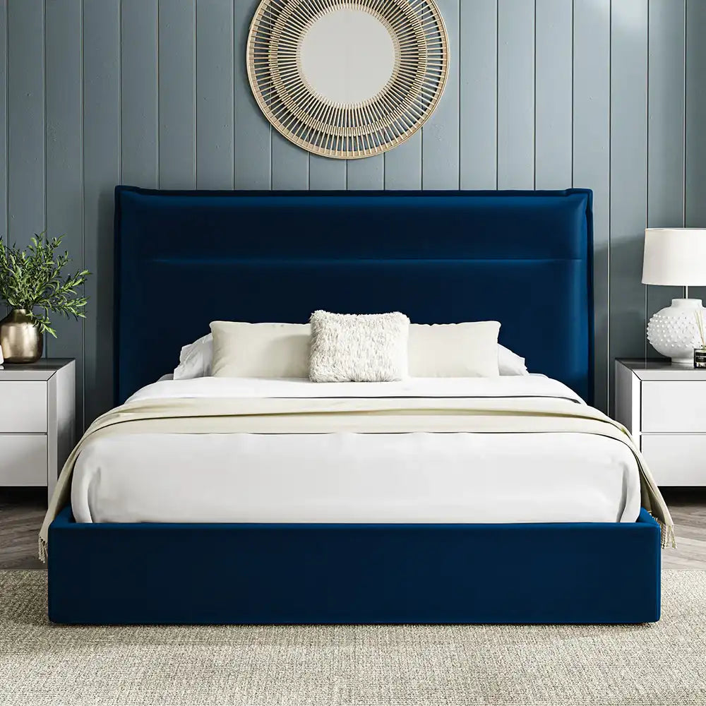 Bangor Fabric King Sized Bed in Blue Finish with Side Table and Lampshade in Bedroom Setting