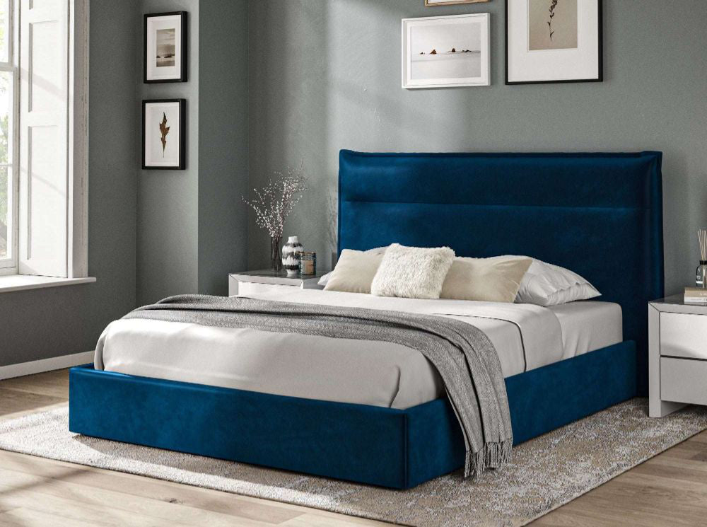 Bangor Fabric King Sized Bed in Blue Finish with Side Table and Wall Frame in Bedroom Setting