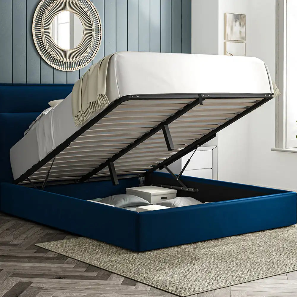 Bangor Open Storage Fabric King Sized Bed in Blue Finish with Side Table and Wall Frame in Bedroom Setting