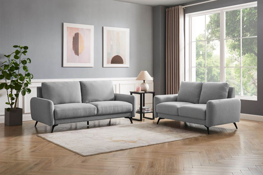 Barak 3-Seater Sofa in Grey Finish with Indoor Plant and Lampshade in Living Room Setting