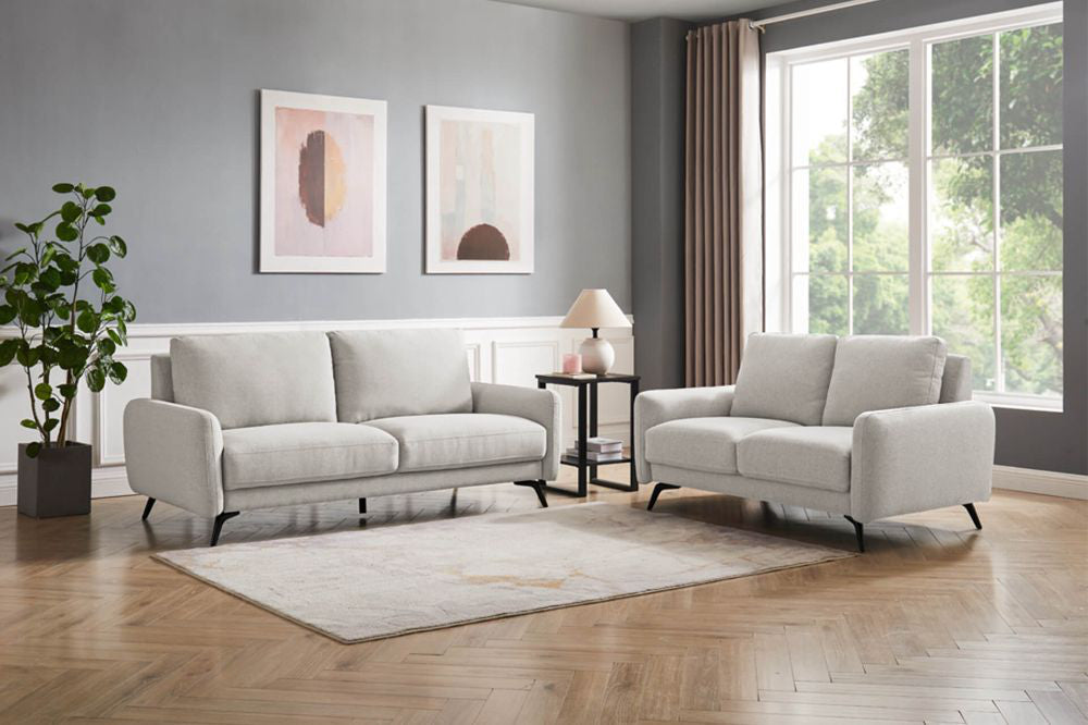 Barak 3-Seater Sofa in Oatmeal Finish with Indoor Plant and Lampshade in Living Room Setting