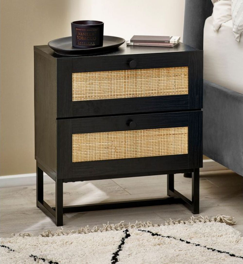 Bari 2 Drawer Bedside Table Black with Books and Pillows in Bedroom Setting