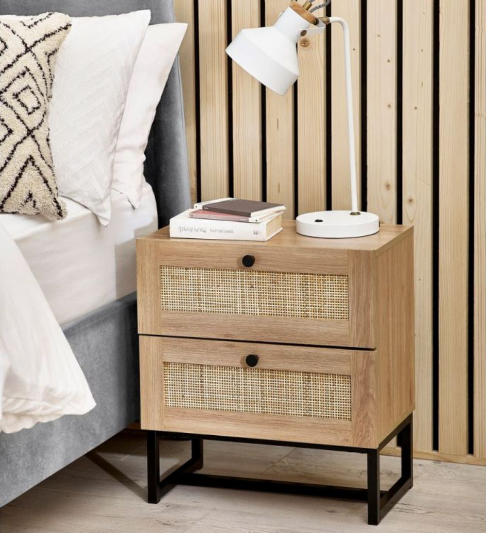 Bari 2 Drawer Bedside Table Oak with Lampshade and Duvets in Bedroom Setting