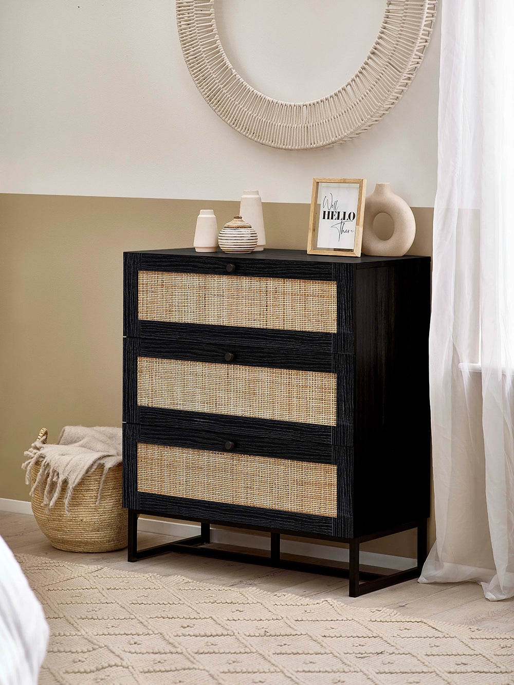 Bari 3 Drawer Chest in Black Finish with Wooden Table Frame and Wicker Basket in Living Room Setting