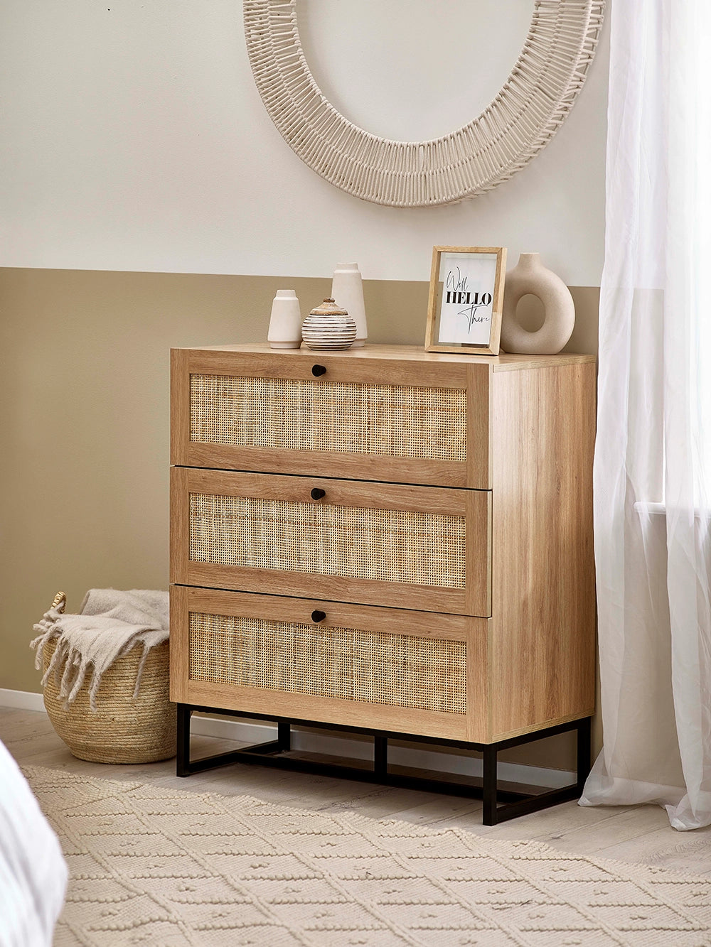 Bari 3 Drawer Chest in Oak Finish with Wooden Table Frame and Wicker Basket in Living Room Setting