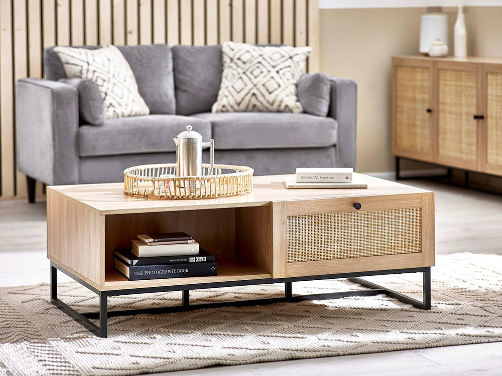 Bari Coffee Table in Oak Finish with Upholstered Grey Sofa and Carpet in Living Room Setting