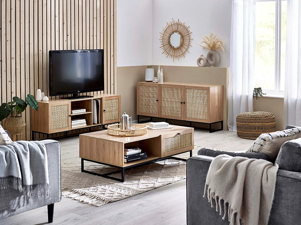 Bari Coffee Table in Oak Finish with Upholstered Pouf and Wooden Cupboard in Living Room Setting