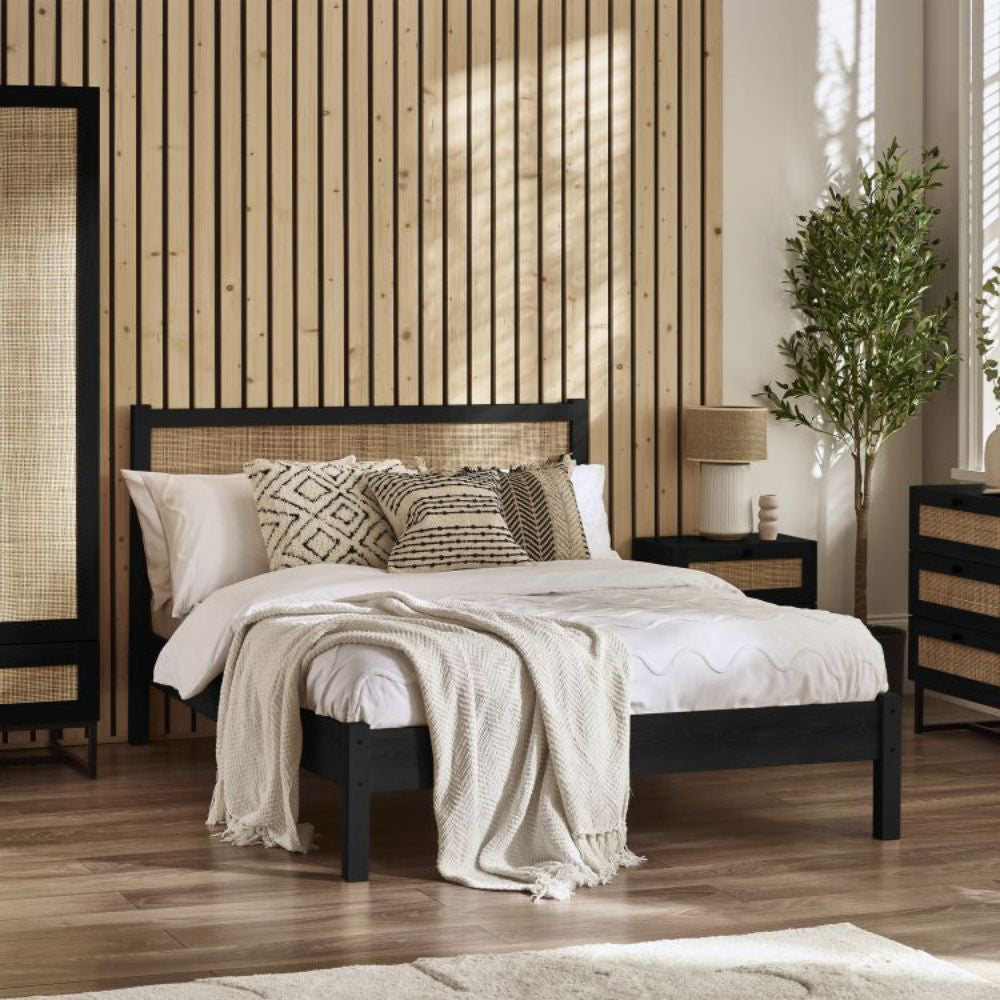 Bari Rattan Bed Frame in Black Finish with Wardrobe and Indoor Plant in Bedroom Setting