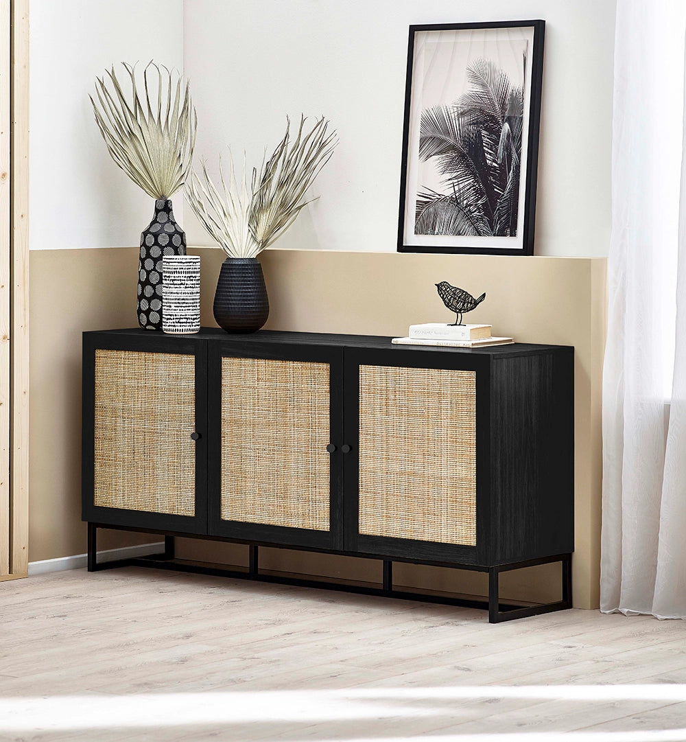 Bari Sideboard in Black Finish with Black Vase and Wall Frame in Living Room Setting