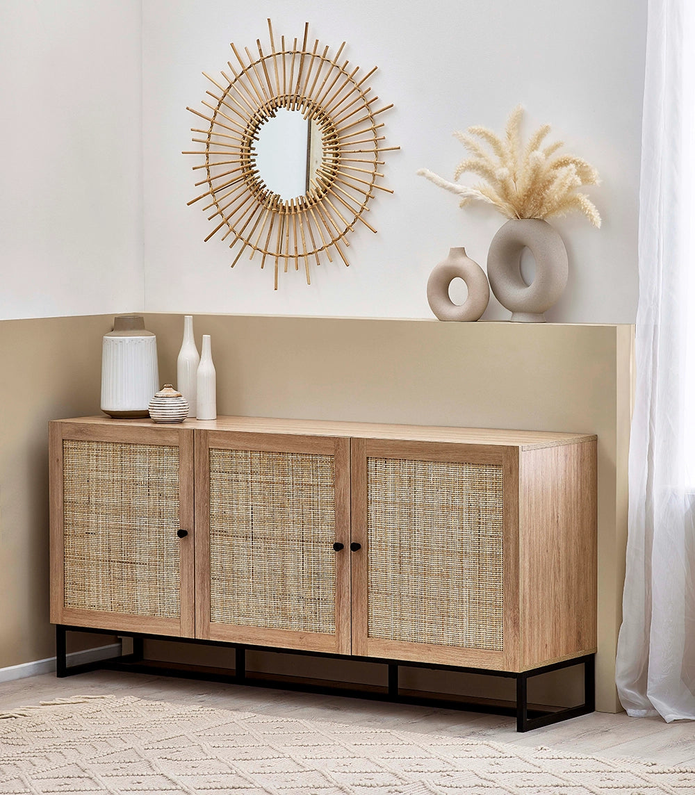 Bari Sideboard in Oak Finish with Wall Mirror and Vase in Living Room Setting