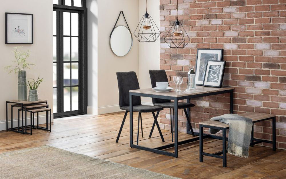 Beca Dining Table Sonoma Oak with Wall Frames and Bench in Living Room Setting